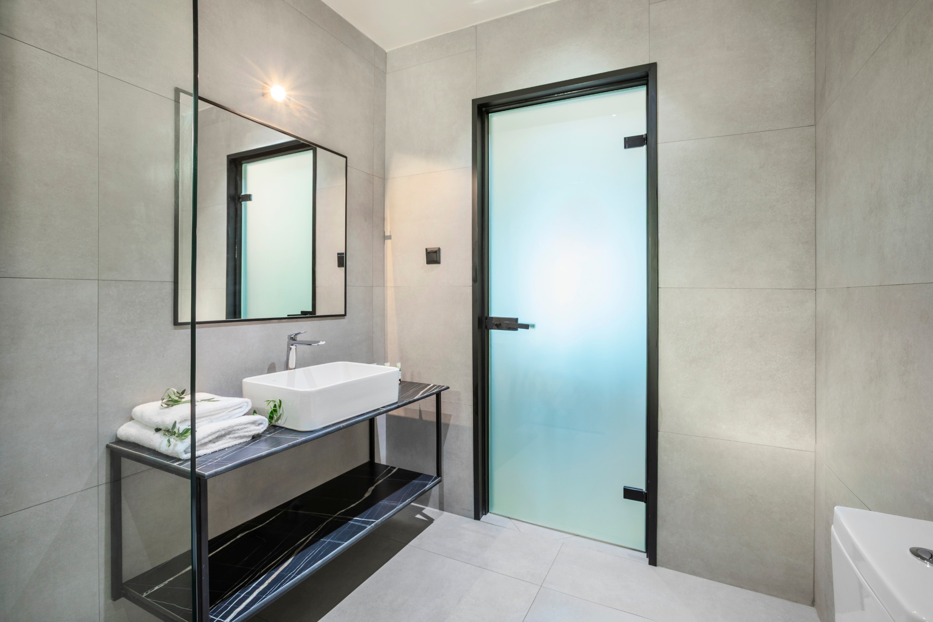 Bathroom with frosted glass door and sink