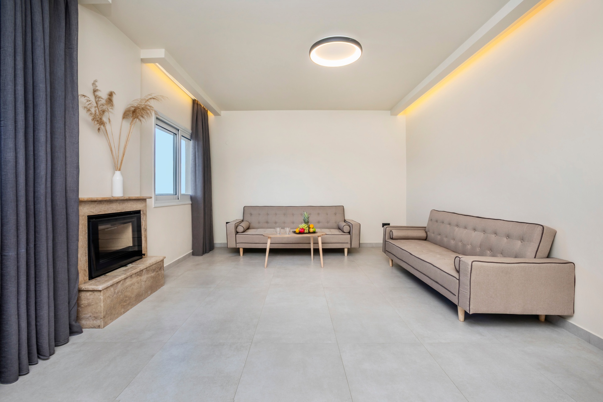 Apartment living room with fireplace and two sofas